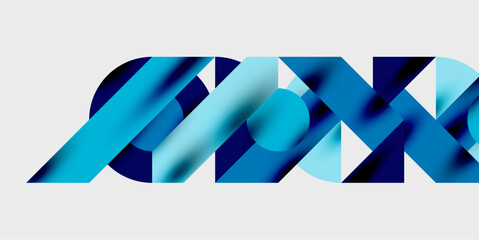 Poster - Abstract graphic design features layered blue shapes forming letterforms. Modern aesthetic, clean lines, minimalist composition.