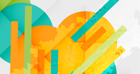 Poster - Abstract geometric composition. Bright orange, teal, green rectangles overlap circles. White background creates dynamic visual effect.