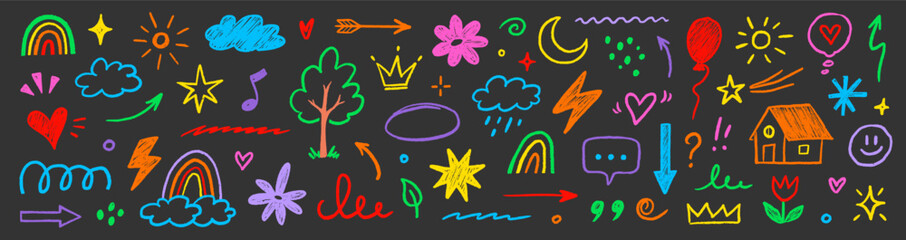Aufkleber - Hand drawn crayon child pencil style icon set. Cute rainbow, heart, crown, flower and sun in colorful kid doodle style. Chalk texture, cloud, smile, star and sketch figure for play or school design