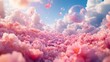 © LuvTK - A surreal dream world where clouds float above a vast ocean of blossoms, colorful petals drift upward like bubbles, low angle view through floating flowers.