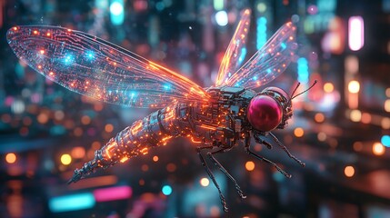 Poster - Futuristic dragonfly with cybernetic circuits against vibrant bokeh background