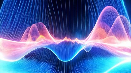 Poster - Abstract colorful wave forms with blue, pink and orange gradients against a black background, energy pulse and geometric motion