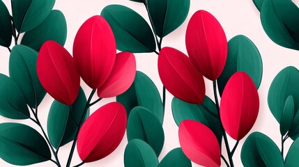 Poster - Delicate Botanical Print: Crimson and Teal Leaves - Elegant botanical illustration featuring crimson leaves and teal foliage, symbolizing nature, growth, vibrancy, serenity, and beauty