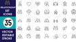 © Nagesh - A minimalist set of 35 editable stroke vector icons depicting love, relationships, couples, hearts, family, LGBTQ symbols, and affectionate gestures in linear style.