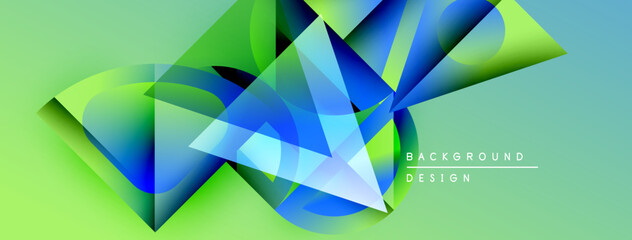 Fototapete - Abstract geometric shapes overlap, creating dynamic visual effect. Blue, green hues dominate composition. Modern design element.