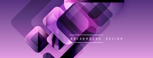 Poster - Abstract purple background features overlapping squares, creating modern geometric design. Gradient shades add depth, visual interest.