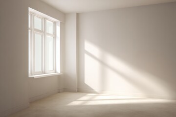 Poster - Sunlight streaming into an empty room with pristine white walls and soft beige carpet, creating a bright and inviting atmosphere