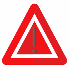 Poster - Red attention sign triangular shape with exclamation mark point. Warning icon, hazard sign in flat style. This design graphic element is saved as a vector illustration on a white background