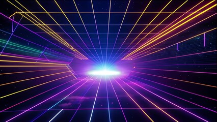 Poster - Abstract glowing neon lines create a futuristic tunnel, showcasing vibrant colors and perspective.