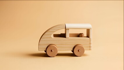 Poster - Minimalist wooden toy car sits on a neutral background, evoking simplicity and childhood wonder.