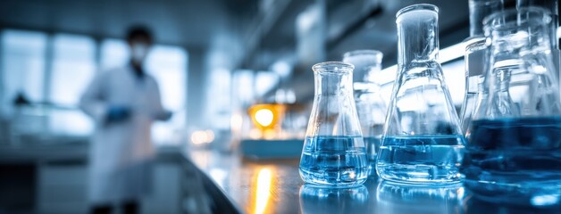 Aufkleber - Erlenmeyer flasks containing blue chemical liquid are in the foreground, while a scientist conducts research in the background of a modern laboratory