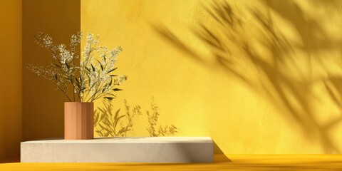 Aufkleber - Minimalist summer scene with white platform, flower vase, and yellow background with shadows, ideal for showcasing products