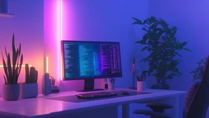 Poster - Modern Home Office Setup with Neon Lights and Coding on Screen, Tech and Comfort
