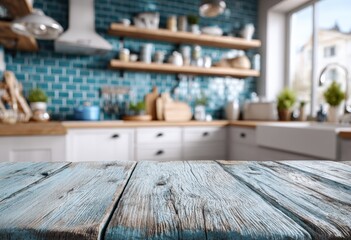 Aufkleber - Empty light blue wooden table with a blurred kitchen in the background with blue tiles and white cabinets, ideal for product placement