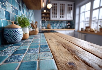 Aufkleber - Wooden table in a kitchen with blue tiles and white cabinets, blurred background, ideal for product placement