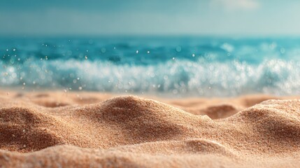 Poster - Golden sand dunes on beach with blurred ocean waves crashing in background, perfect background for summer vacation or travel concept