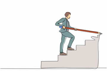 Poster - Single continuous line drawing young businessman use huge pencil to draw rising up stairs, walk climbing up ladder. Strategy reach business target, career path achievement. One line draw design vector