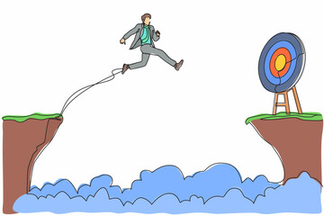 Poster - Single continuous line drawing businessman jumping over cliff to reach target. Success move while taking risk. Entrepreneur challenges, motivation, personal growth. One line draw graphic design vector