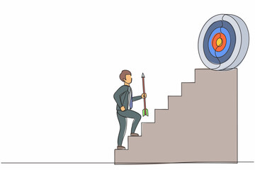 Poster - Single continuous line drawing businessman holding arrow running up stairway to high target. Business concept growth and path to success. Career path. One line draw graphic design vector illustration