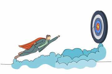 Poster - Continuous one line drawing superhero businessman in cloak flying up to target. Business success, leadership, professionalism, goal achievement. Single line draw design vector graphic illustration