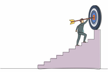 Poster - Continuous one line drawing businessman with arrow is running towards his goal, motivation is advancing, path to achieving goal is high, through stairs, steps of achievement. Single line design vector
