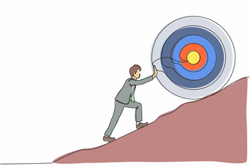 Poster - Single continuous line drawing businessman push up big target to mountain. Salary man pushing giant target upwards so very difficult. Goal too big can be difficult. One line draw graphic design vector