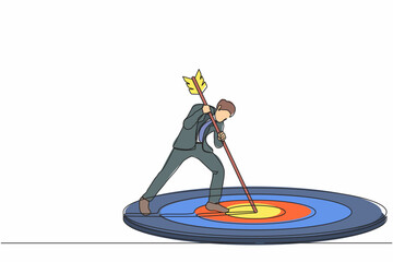 Poster - Single one line drawing focus marketing target strategy, businessman mark goal with arrow. Man holding arrow, hits target on ground. Achieving goals. Continuous line draw design vector illustration