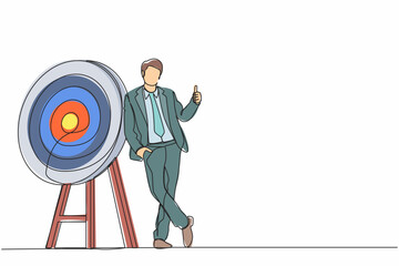 Poster - Single one line drawing businessman or manager is standing or leaning the target with thumbs up gesture. Arrow hit the target exactly. Modern continuous line draw design graphic vector illustration