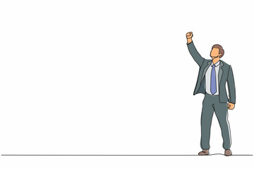 Poster - Continuous one line drawing young businessman executive celebrate his successful, raising hands with clenched fists up over head. Success and vision concept. Single line draw design vector llustration