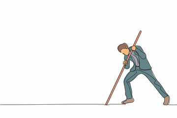 Poster - Single one line drawing businessman mark goal with arrow. Man holding arrow, hits target on ground. Achieving goals. Focus marketing target strategy. Continuous line design graphic vector illustration