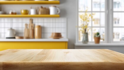 Aufkleber - Empty wooden table in a modern kitchen with yellow furniture, perfect for displaying products with copy space