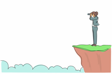 Poster - Single continuous line drawing businesswoman looking in binoculars standing on cliff. Business vision concept, leadership, achievement, target. Dynamic one line draw graphic design vector illustration