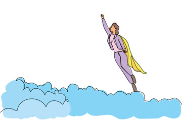 Poster - Single continuous line drawing super businesswoman flying up from cloud. Business leadership. Business finance success concept. Creative idea. Dynamic one line draw graphic design vector illustration
