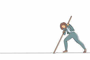 Poster - Continuous one line drawing cute businesswoman mark goal with arrow. Woman holding arrow, hits target on ground. Achieving goal. Focus marketing target strategy. Single line design vector illustration