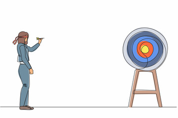 Poster - Single one line drawing cute businesswoman using blindfold and hit dart target. Confused blindfold businesswoman trying to hit target with dart. Continuous line draw design graphic vector illustration