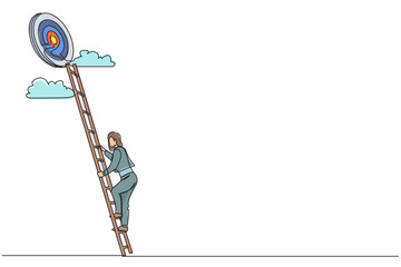 Poster - Continuous one line drawing stairs to goal. Cute businesswoman in blazer rises up stairs to top of target. Business concept. Achieving goal. Ladder sky. Strategy to aim. Single line draw design vector