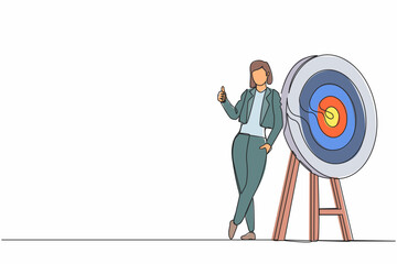 Poster - Continuous one line drawing happy businesswoman or manager is standing or leaning the target with thumbs up gesture. Arrow hit the target exactly. Single line draw design vector graphic illustration