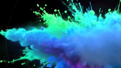 Poster - Colorful powder explosion on black background forming vibrant cloud of rainbow pigment particles, a dynamic burst of color for creative concepts