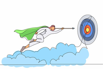 Poster - Continuous one line drawing superhero Arabic businessman flying with arrow forward to goal to achieve success. Power leadership ambition and achievement. Single line design vector graphic illustration