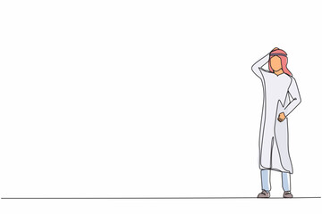 Poster - single one line drawing arabian businessman confused with hand on head for mistake, remember error. 