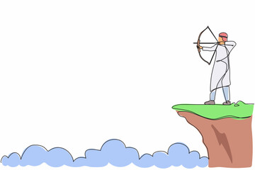 Poster - Continuous one line drawing Arabian businessman standing on cliff with archer in hand. Business target goal. Man focus to successful. Shooting target with bow and arrow. Single line draw design vector