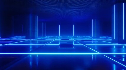 Poster - Abstract Futuristic Room with Blue Neon Lights and Grid Floor for Technology Backgrounds