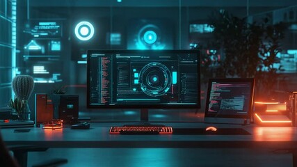 Fototapete - Futuristic Workplace: Coding Environment with Illuminated Screens and Modern Technology