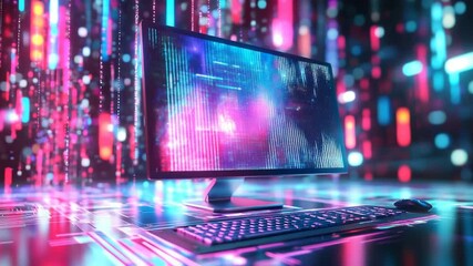 Fototapete - Futuristic computer setup with digital interface and neon lights showcases modern technology