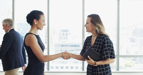 Poster - Conference, shaking hands and greeting with business women in office together for event. Welcome, support and smile with happy employee handshake for introduction to corporate seminar or workshop
