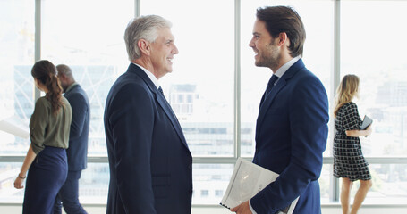 Aufkleber - Business, colleagues and men with file, meeting and financial report for proposal and collaboration. Office, CEO and people with paperwork for stock market, investor and discussion for opportunity