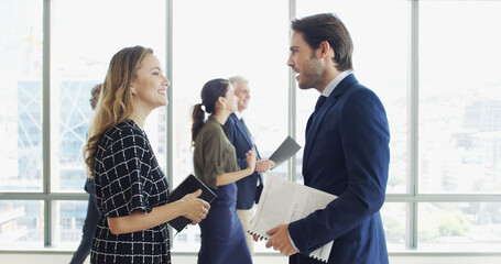 Aufkleber - Lobby, happy and business people in discussion with report for feedback, collaboration and planning. Office, corporate and woman with man in meeting with documents for strategy, project and proposal