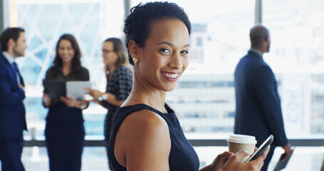 Aufkleber - portrait, businesswoman and lawyer in office with phone, corporate career or legal aid to contact. c