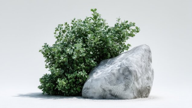 White rock, lush green bush, minimalist scene