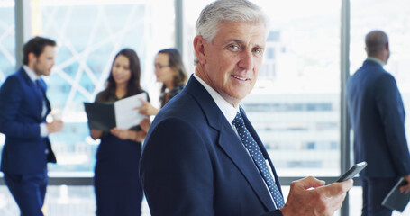 Aufkleber - portrait, businessman and lawyer in office with phone, corporate career and legal aid to contact. me